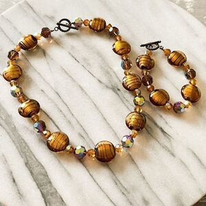Lampwork Art Glass Beaded Jewelry Set‎ Necklace Bracelet Toggle Clasp Brown